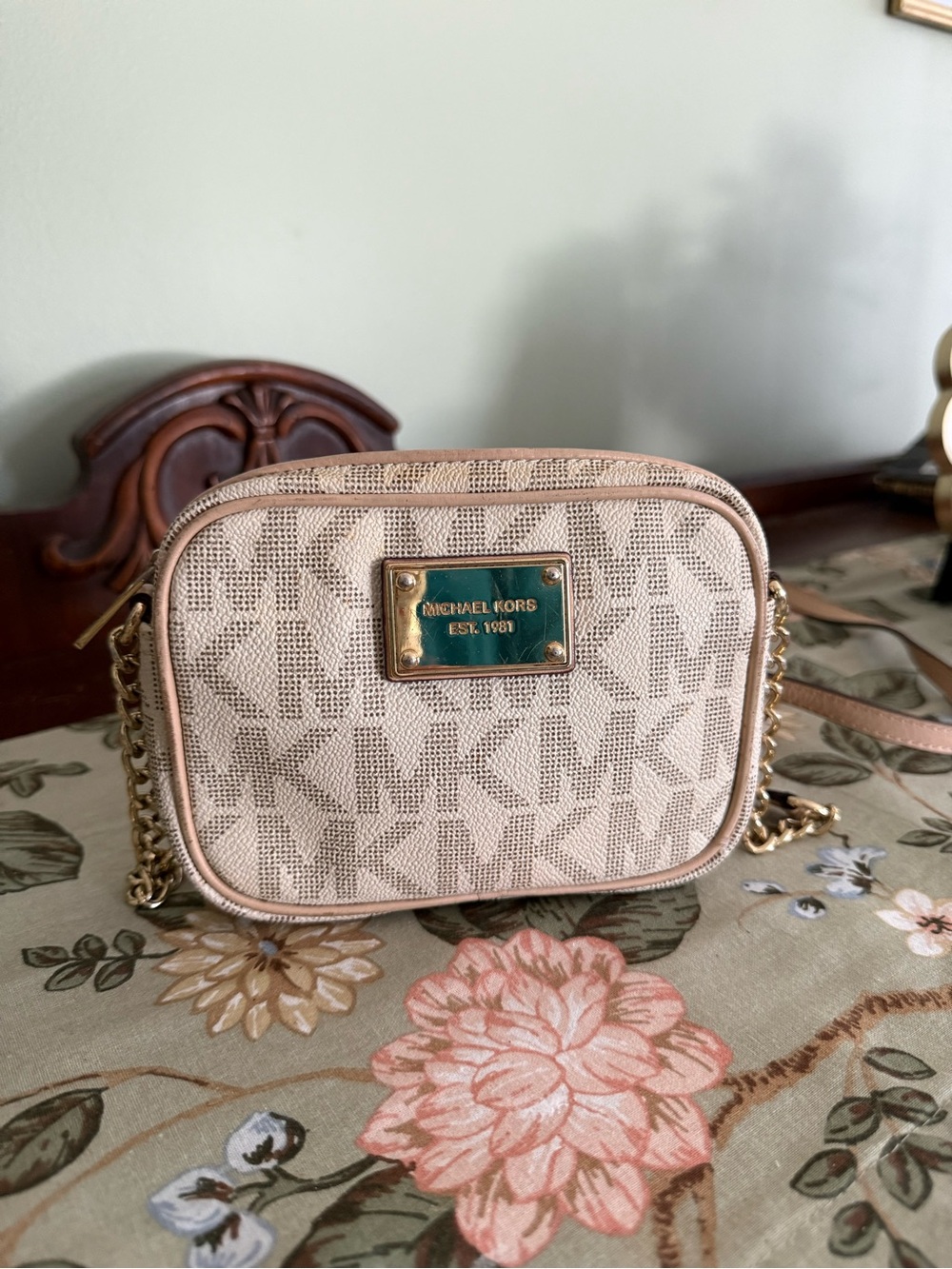 Michael Kors Blush Signature Canvas Crossbody with Gold Plaque